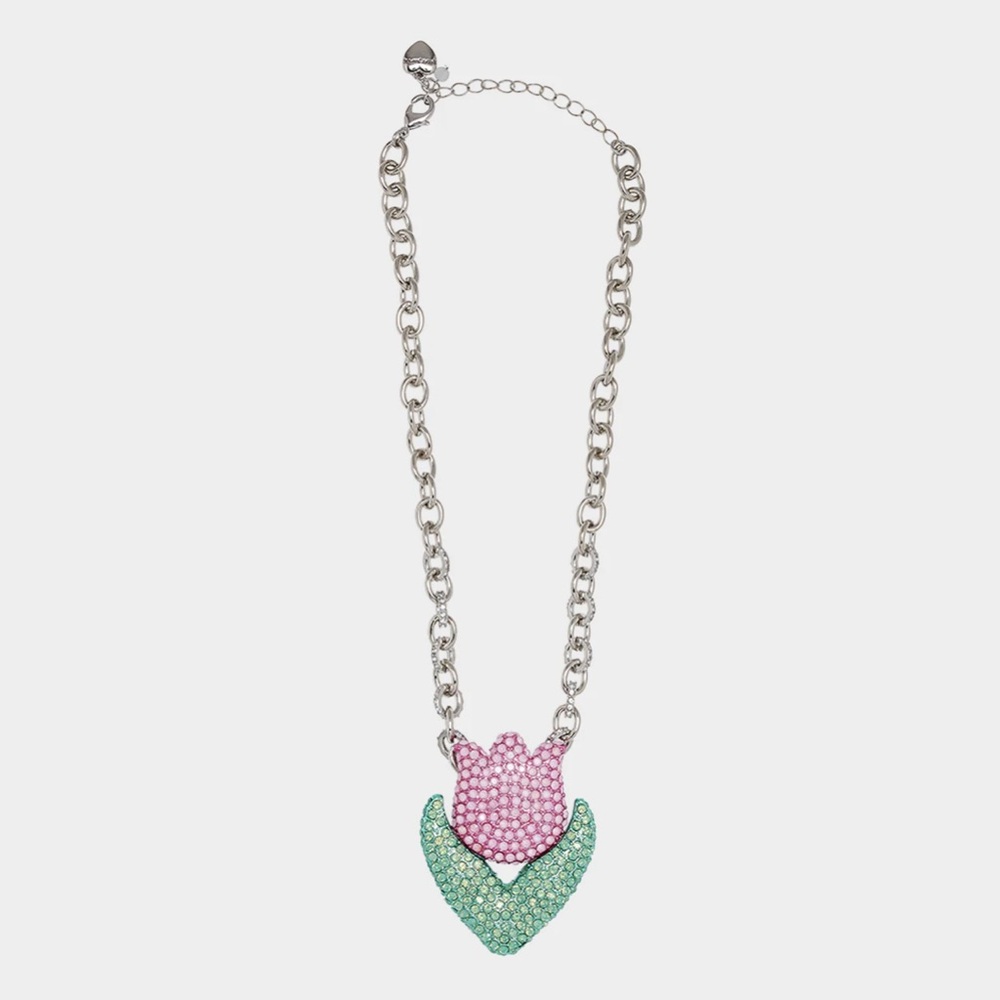 NWT Betsey Johnson Pink and Green rhinestone Tulip Pendant statement Necklace - Picture 2 of 3